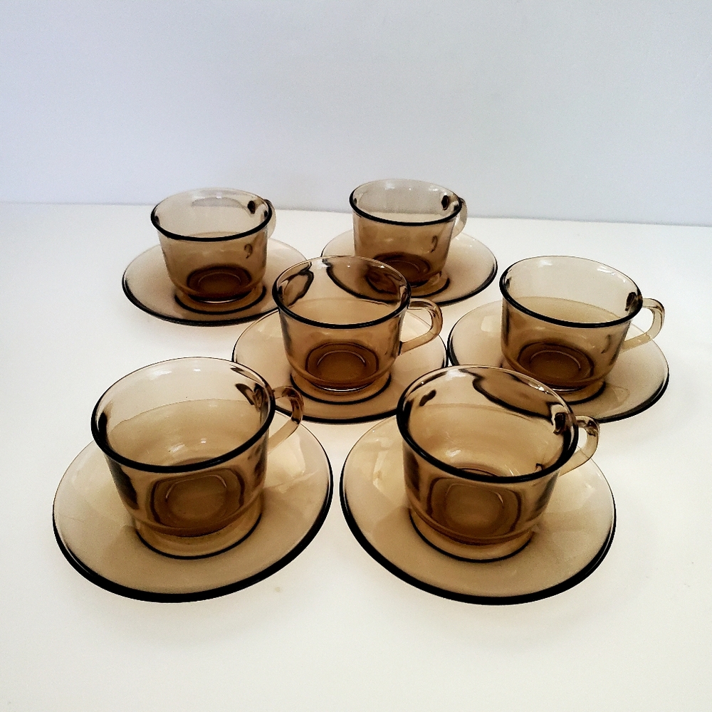 VTG FRANCE Smokey Brown Glass Cup & Saucer Sets of 6